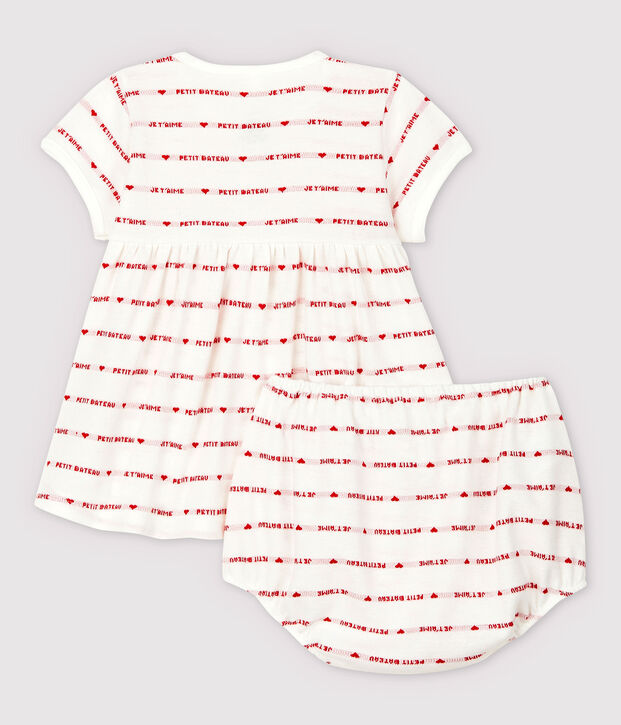 Jurk met korte mouwen en bloomers voor babymeisjes in jacquard, van biologisch katoen wit/rood