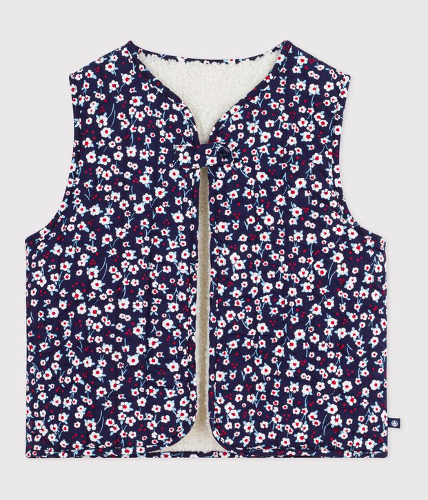 Gilet enfant en popeline de coton et sherpa sans manche imprim&eacute; bleu/multicouleur