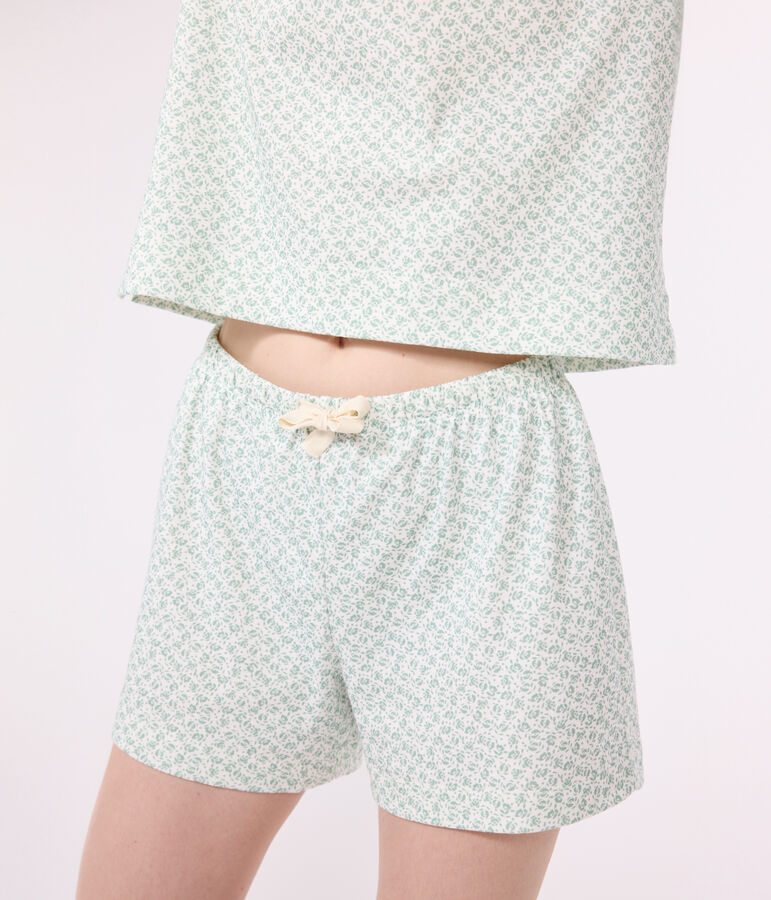 Pyjama short femme en coton fleuri blanc/vert
