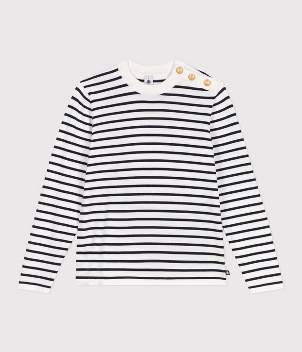 Gestreepte katoenen marinetrui voor dames wit/blauw