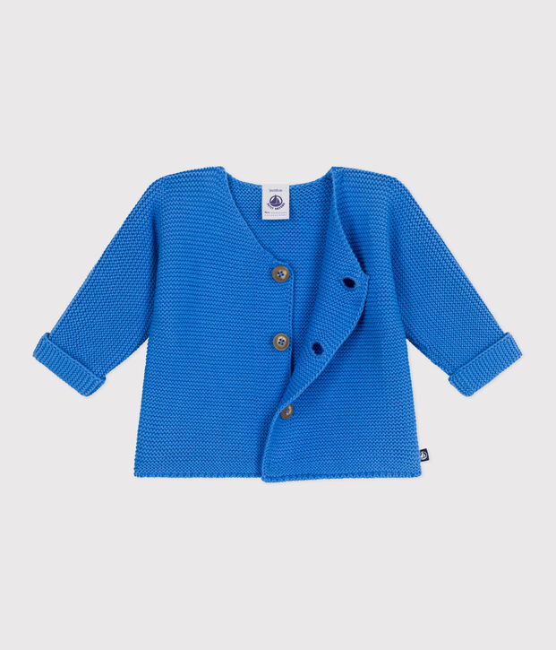 Cardigan b&eacute;b&eacute; tricot point mousse en coton bleu
