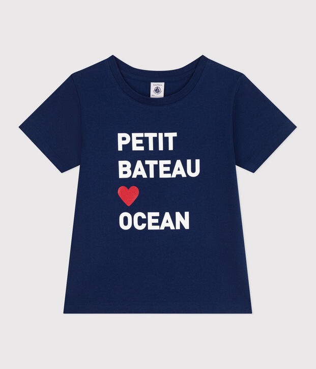 Tee-shirt enfant mixte en coton manches courtes imprim&eacute; bleu fonc&eacute;