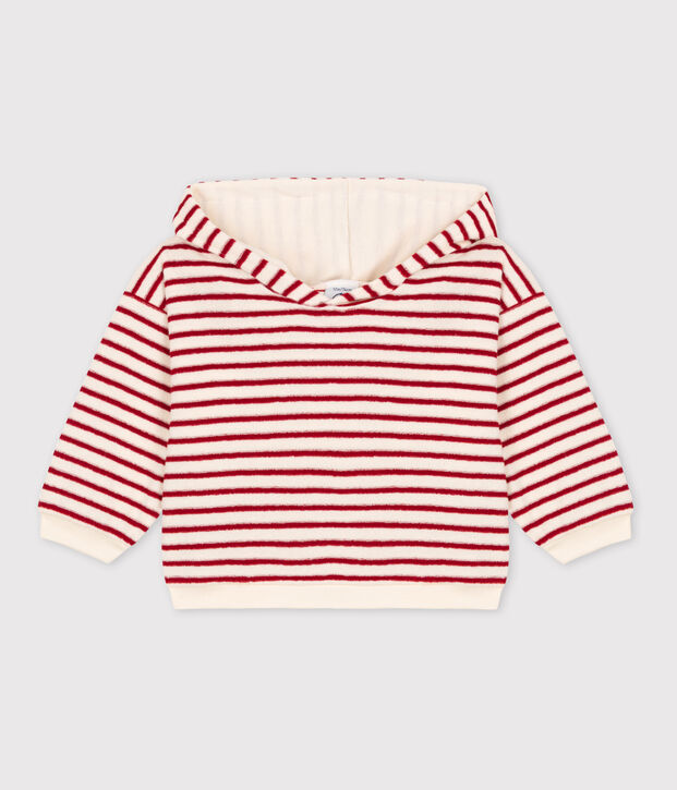 Sweatshirt &agrave; capuche b&eacute;b&eacute; en bouclette &eacute;ponge &eacute;cru/rouge