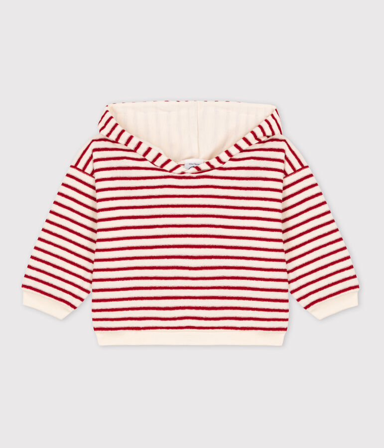 Sweatshirt &agrave; capuche b&eacute;b&eacute; en bouclette &eacute;ponge &eacute;cru/rouge