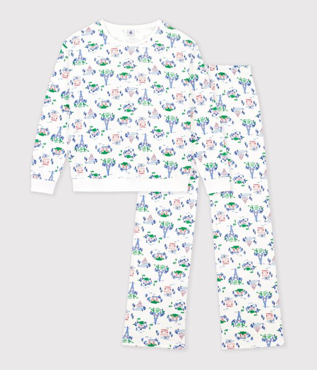 Pyjama femme en coton imprim&eacute; Paris blanc/multicouleur