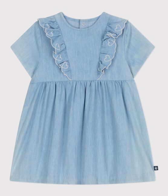Robe bébé en coton manches courtes en chambray, brodée de cœurs bleu BLEU CLAIR