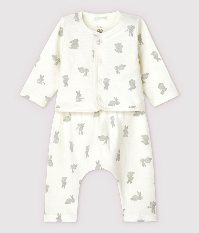 Ensemble 2 pi&egrave;ces blanc &agrave; lapins b&eacute;b&eacute; en tubique en coton biologique blanc MARSHMALLOW/gris GRIS