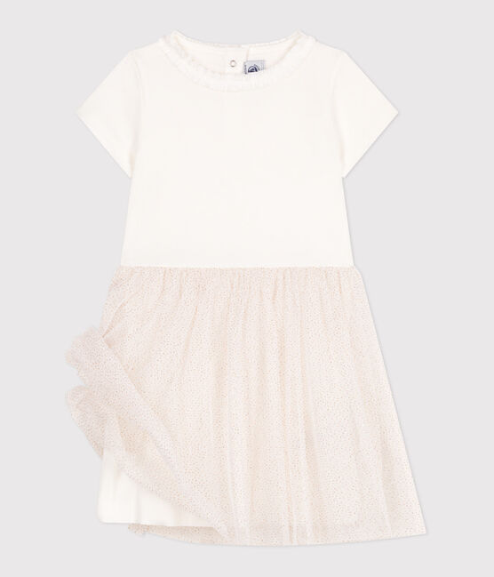 Kinderjurk van katoen en tule met korte mouw wit MARSHMALLOW/roze COPPER