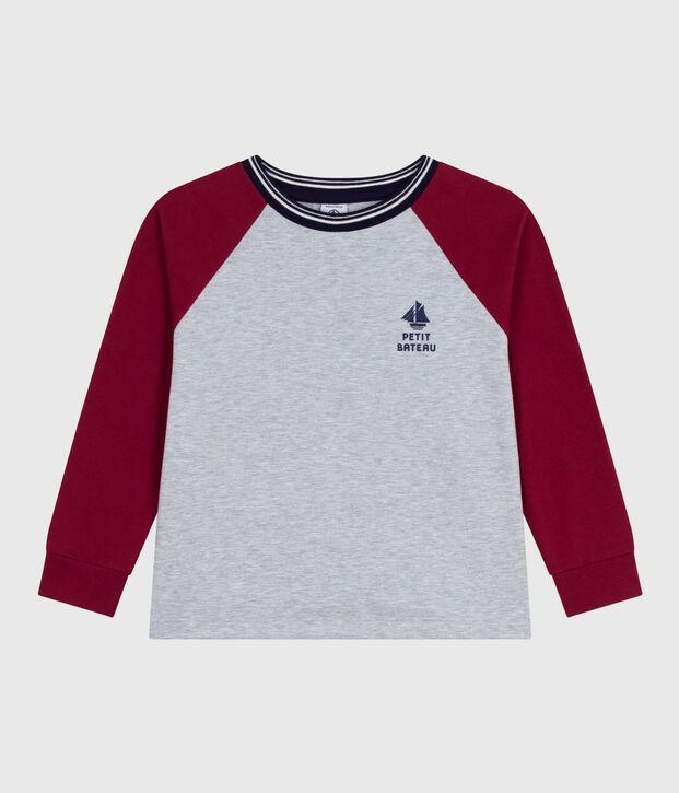 Tee-shirt enfant manches longues en coton uni gris/rouge