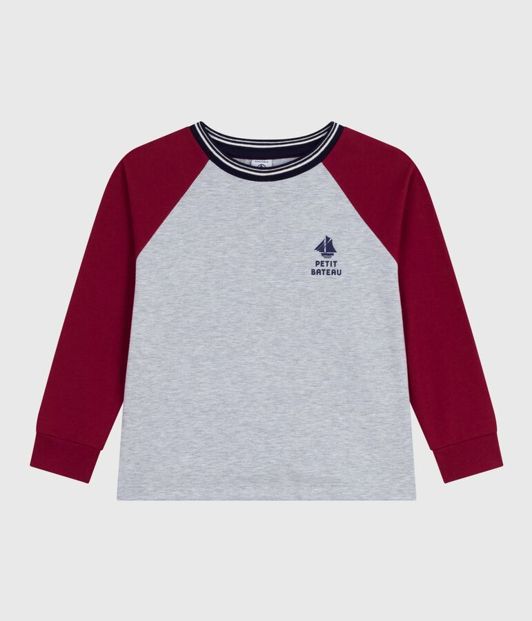 Effen katoenen T-shirt met lange mouwen voor kinderen grijs/rood