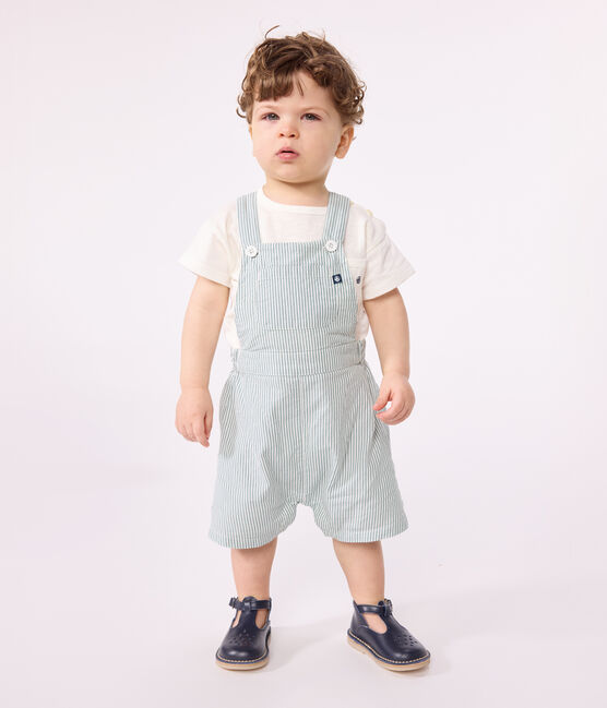 Gestreepte salopette met korte pijpen van katoen voor baby's wit MARSHMALLOW/blauw BRUT