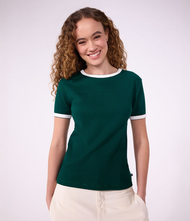 Tee-shirt femme en coton manches courtes uni vert fonc&eacute;