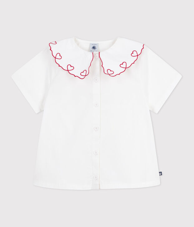 Effen kinderbloesje met korte mouwen en print van poplin katoen wit