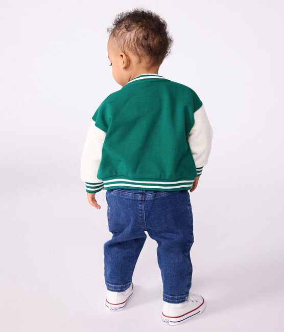 Tweekleurig katoenen babyjasje in collegestijl groen EVERGREEN/ MILK