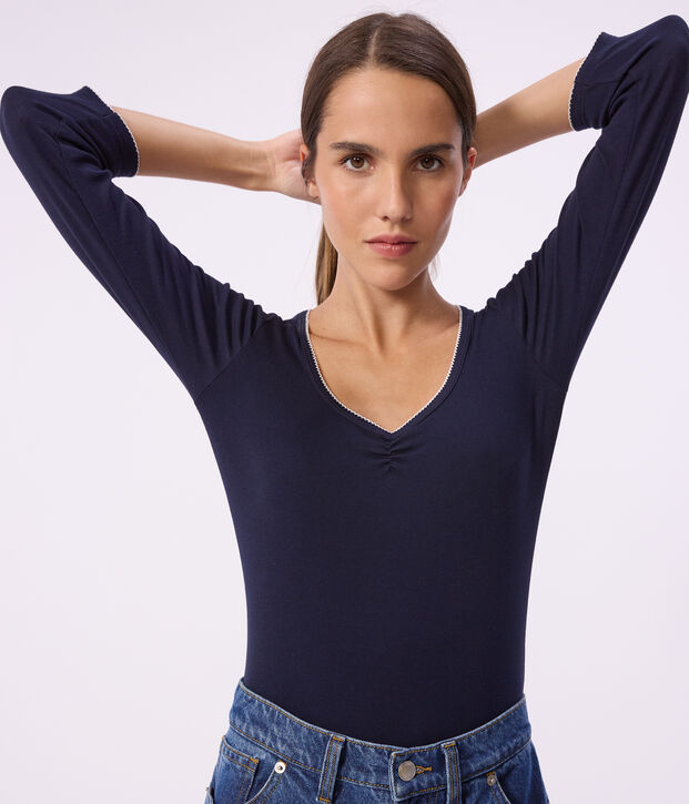 Body femme en coton manches courtes uni bleu marine