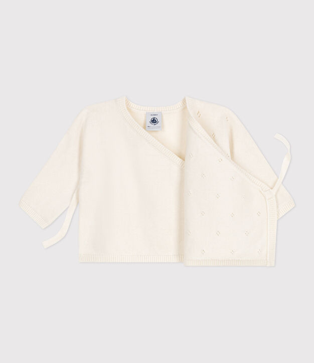 Brassi&egrave;re b&eacute;b&eacute; cache-c&oelig;ur ajour&eacute;e en tricot laine et coton blanc