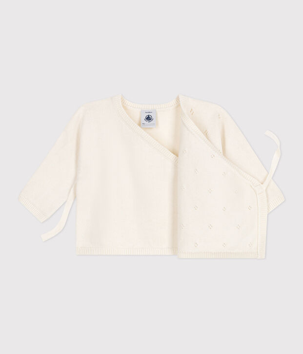 Brassi&egrave;re b&eacute;b&eacute; cache-c&oelig;ur ajour&eacute;e en tricot laine et coton blanc