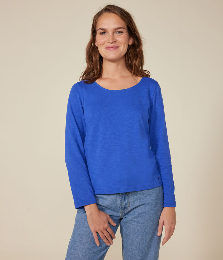 Dames-T-shirt van gevlamde jersey met lange mouw en diepe halslijn - Le Droit blauw CALVIN