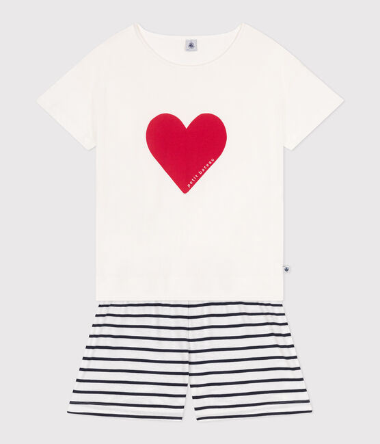 Pyjama short femme en coton imprimé cœurs blanc MARSHMALLOW/bleu SMOKING