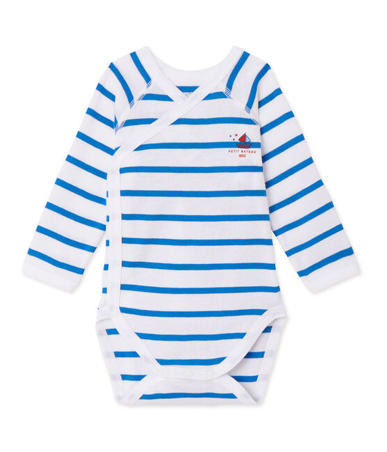 Body naissance bébé garçon manches longues rayé blanc ECUME/bleu DELPHINIUM
