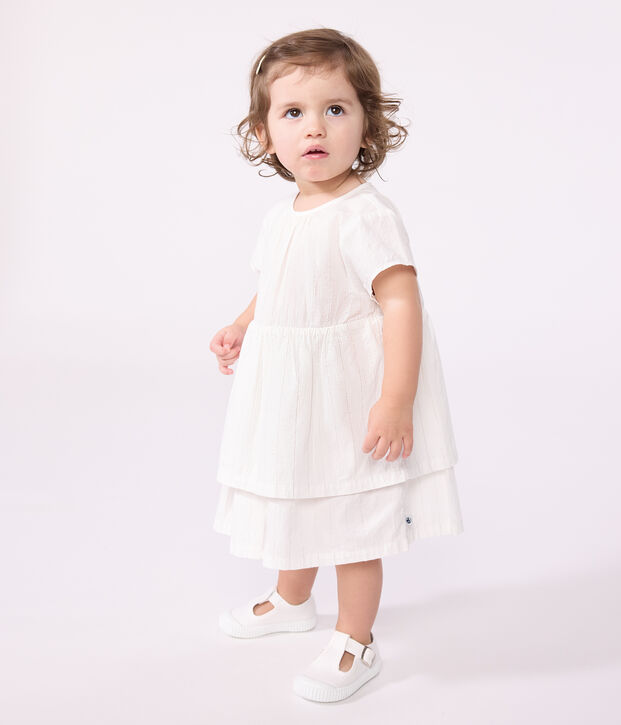Robe c&eacute;r&eacute;monie b&eacute;b&eacute; en coton l&eacute;ger, manches courtes blanc/gris