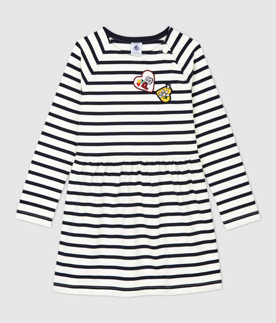 Robe manches longues en coton enfant fille blanc MARSHMALLOW/bleu SMOKING