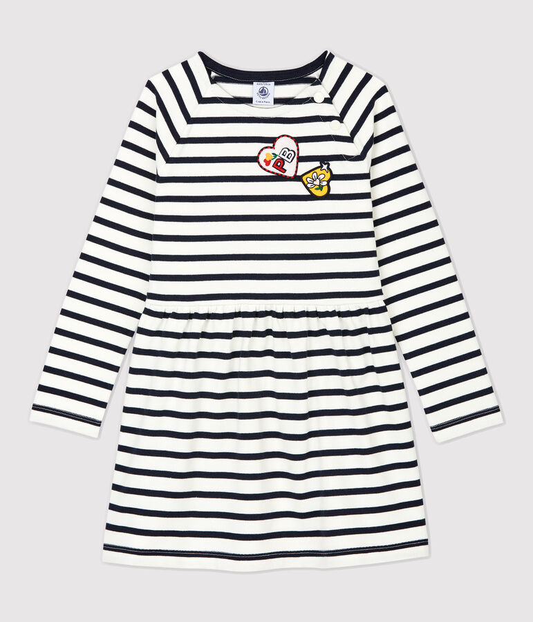 Katoenen meisjesjurk met lange mouwen wit/blauw