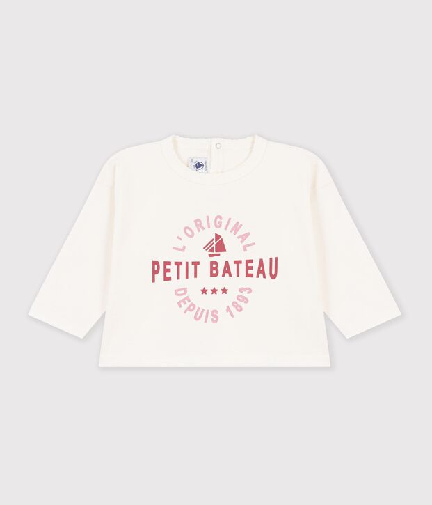 Tee-shirt b&eacute;b&eacute; en coton manches longues uni &agrave; motif blanc cass&eacute;