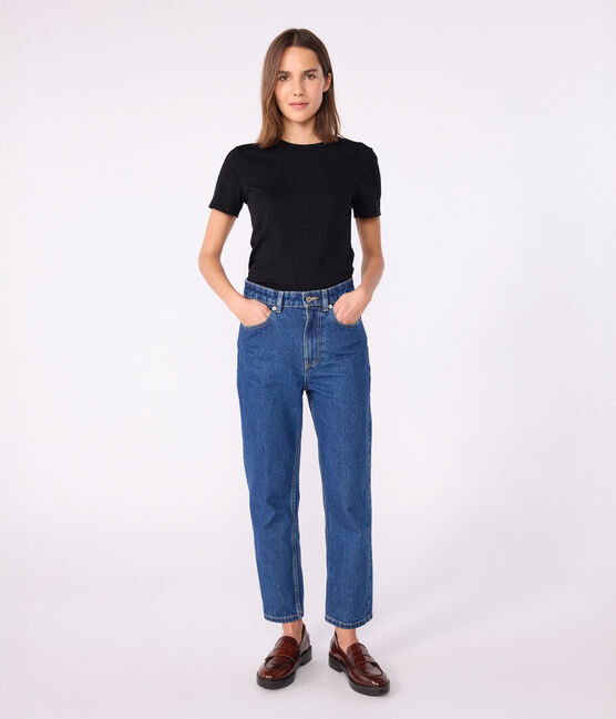 L'Iconique, T-shirt met korte mouw van effen ribstof voor dames zwart BLACK