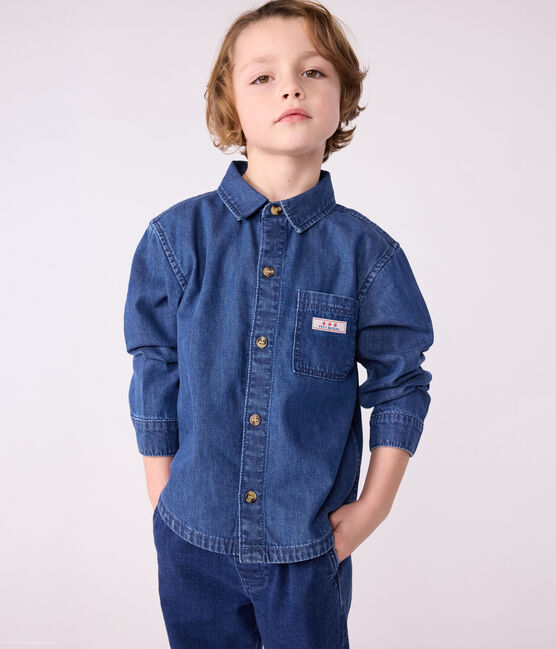 Effen kinderhemd van spijkerstof blauw DENIM MOYEN