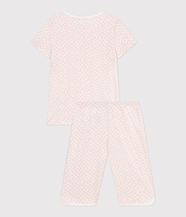 Pyjama capri enfant en coton imprim&eacute; fleuri blanc/rose