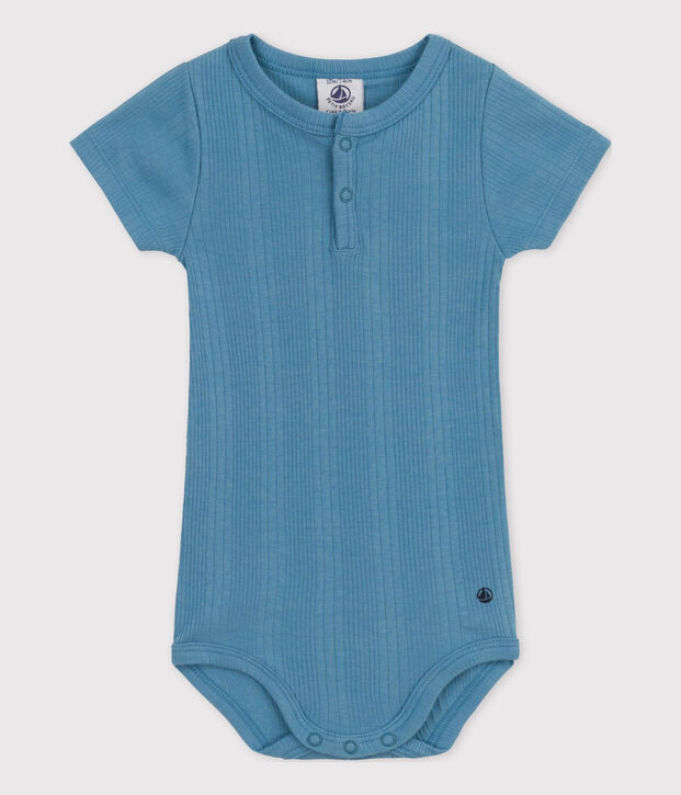 Body manches courtes col tunisien en coton b&eacute;b&eacute; bleu