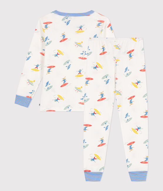 Katoenen kinderpyjama met lange mouw en surfersprint wit MARSHMALLOW/wit MULTICO