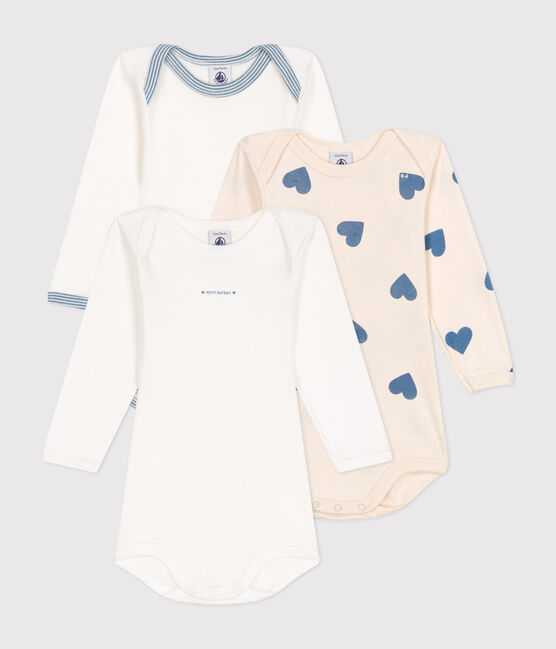 Lot de 3 bodies manches longues cœurs bleu en coton bébé variante 1