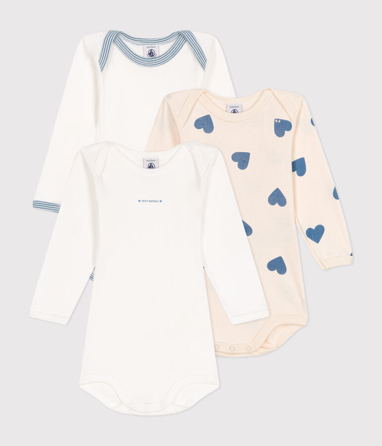 Lot de 3 bodies manches longues c&oelig;urs bleu en coton b&eacute;b&eacute; multicouleur