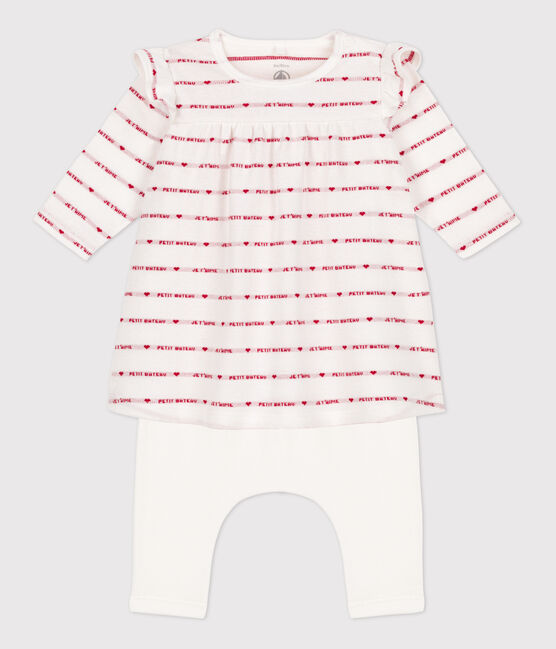 Katoenen leggingjurk van jacquard voor baby's wit MARSHMALLOW/rood TERKUIT