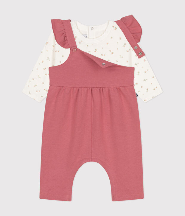 Ensemble salopette en molleton et tee-shirt en coton b&eacute;b&eacute; rose/multicouleur