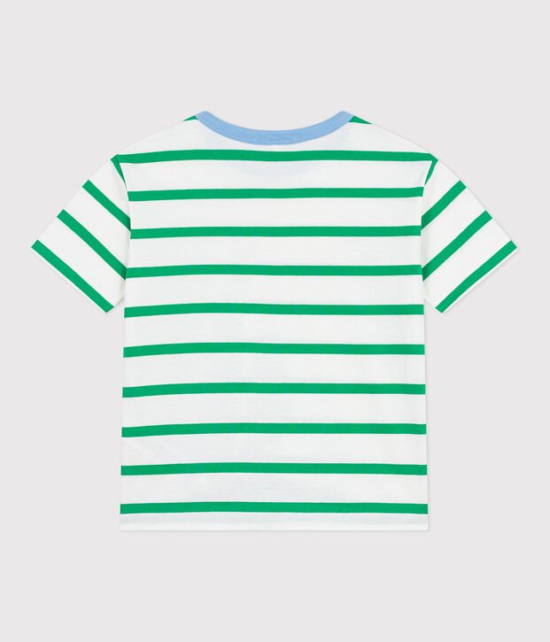 Tee-shirt enfant manches courtes en coton &agrave; rayures blanc/vert