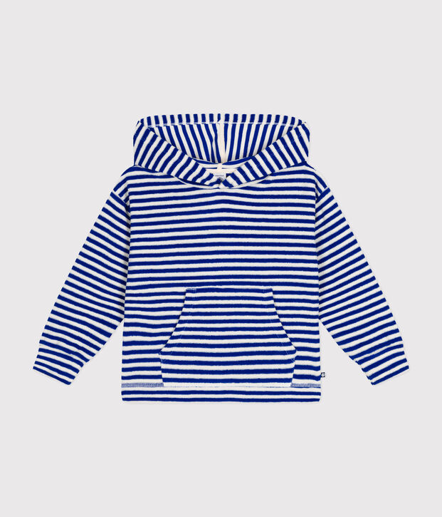 Gestreept sweatshirt met kap in badstof voor kinderen blauw/ecru
