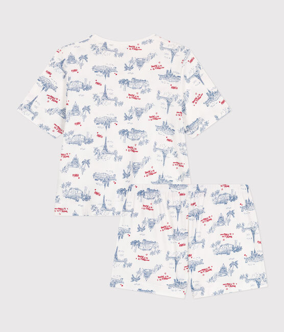 Korte katoenen damespyjama met Parijs-print wit MARSHMALLOW/wit MULTICO