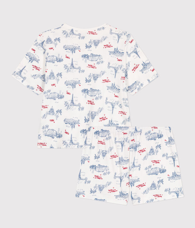 Pyjama short femme en coton imprim&eacute; Paris blanc/multicouleur