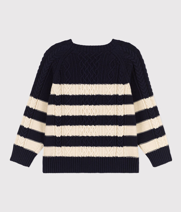 Pull irlandais ray&eacute; en coton enfant fille/gar&ccedil;on bleu/&eacute;cru