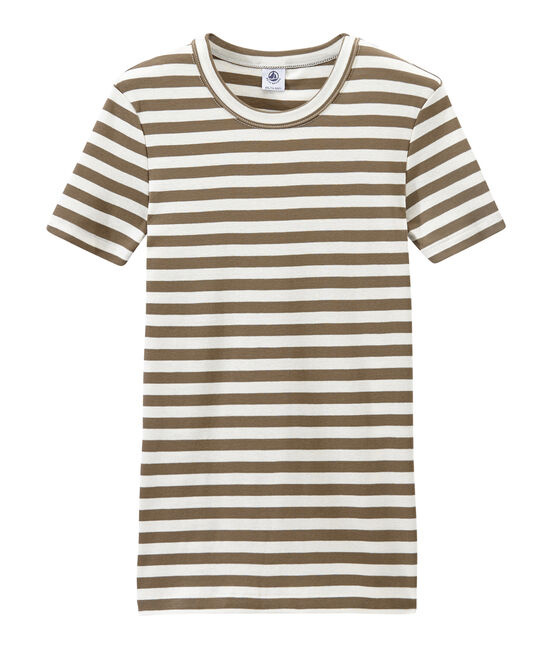 T-shirt femme en côte originale rayée marron SHITAKE/blanc MARSHMALLOW