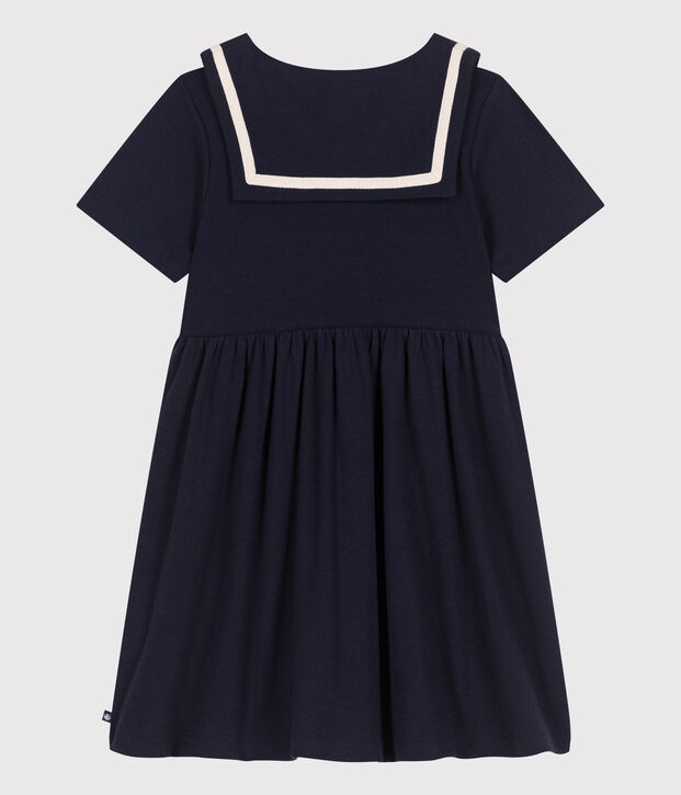 Robe enfant en coton manches courtes unie bleu marine