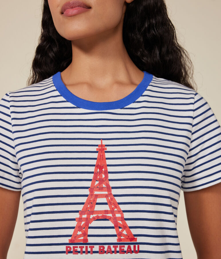 Tee-shirt Le Droit col rond en coton femme blanc/bleu