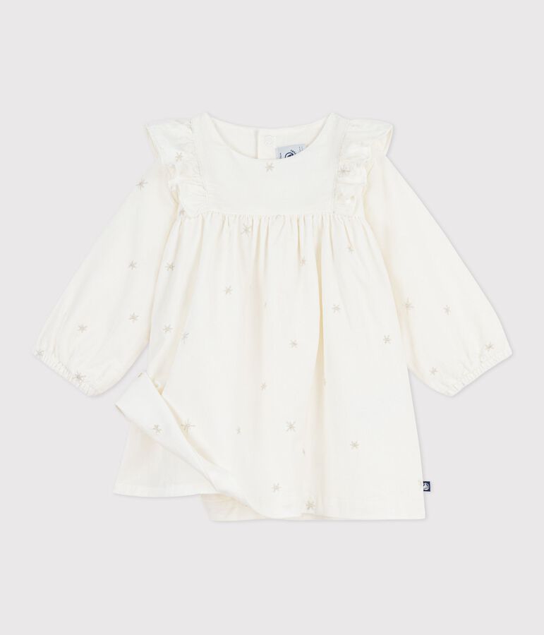 Robe b&eacute;b&eacute; en velours c&ocirc;tel&eacute; manches longues brod&eacute;e &eacute;cru/gris