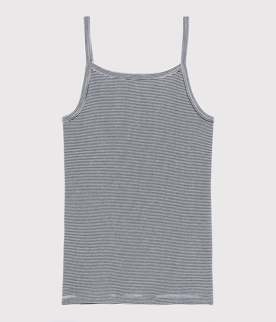 Iconisch gestreept katoenen Damesshirt met spaghettibandjes blauw SMOKING/wit MARSHMALLOW