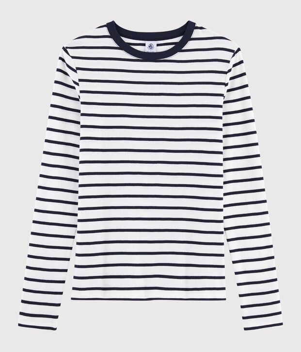 T-shirt col rond iconique en coton Femme blanc/bleu