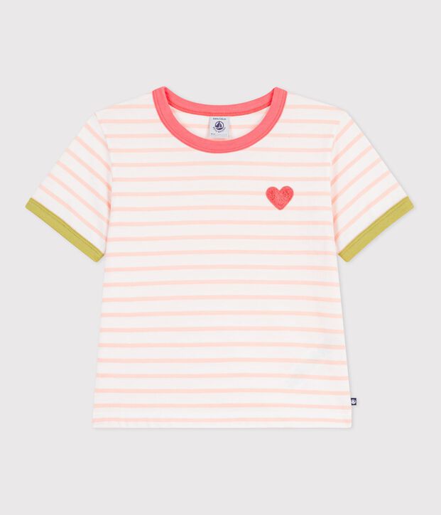 Tee-shirt enfant manches courtes en coton &agrave; rayures rose/orange