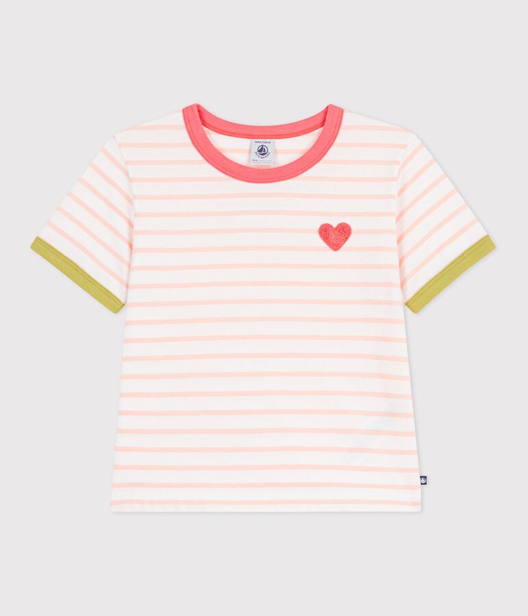 Katoenen kinder-T-shirt met korte mouw en streepjes wit/oranje